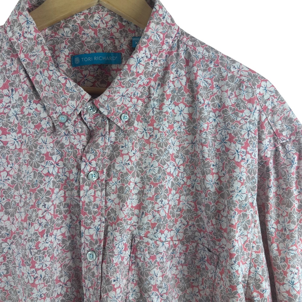 Tori Richard Button Down Shirt Mens XL Pink Floral Hibiscus MR88-842 Short Slv